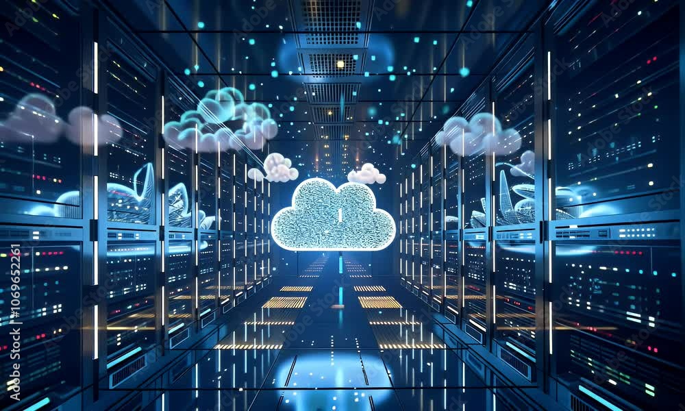 Poster a futuristic digital cloud symbol floating above rows of computer server cabinets in an data center,