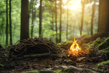 Small survival shelter made of branches and twigs in a dense green forest with a campfire, bush craft camping, outdoor adventure, wilderness survival, nature exploration, and hiking