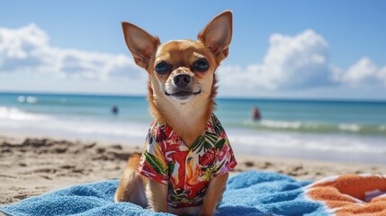 A small dog in a Hawaiian shirt, sitting on a beach towel at a sunny beach, with the ocean in the background, capturing the spirit of summer fun 