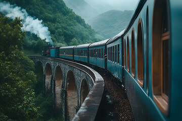 Obraz premium Vintage steam train crossing a scenic stone bridge in lush green mountains, curving through misty landscapes, evoking nostalgia and adventure on a breathtaking railway journey