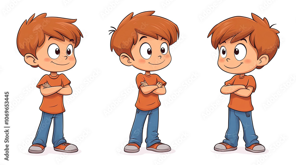Poster cartoon boy characters in different poses transparent background generative ai