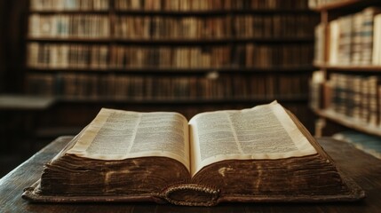 Obraz premium A weathered book lies open on a rustic wooden table, surrounded by towering shelves filled with countless tomes, evoking a sense of timeless knowledge in a tranquil library atmosphere.