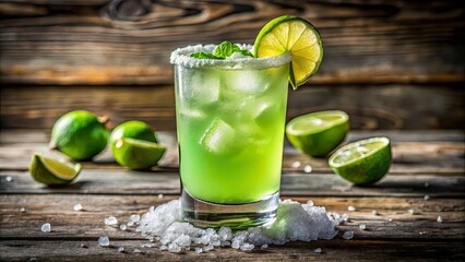 Fototapeta premium A refreshing summer beverage with a lime wedge, garnished with mint and rimmed with salt, rests on a rustic wooden surface surrounded by scattered ice crystals and lime slices.