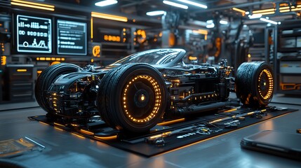 Fototapeta premium The electric vehicle industry is showcased through a futuristic user interface, combining advanced technology with repair services in a digitally enhanced garage environment.