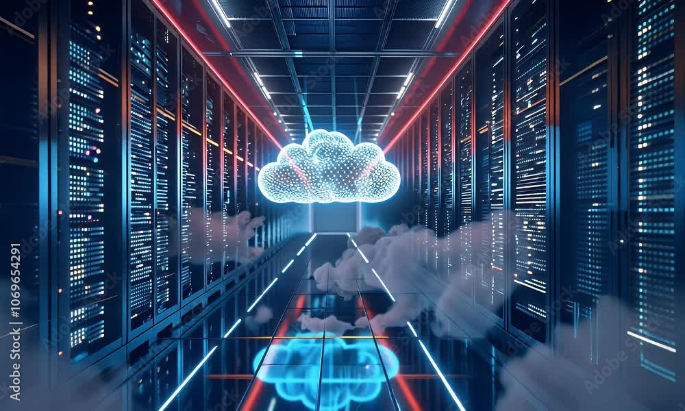 Poster a futuristic digital cloud symbol floating above rows of computer server cabinets in an data center,