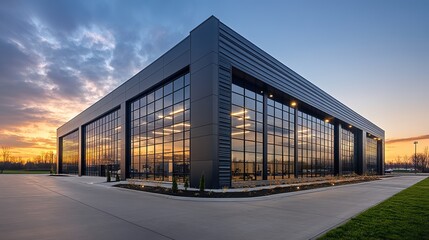 Obraz premium The exterior of a modern warehouse is shown with an office unit attached, providing a functional and clean design for businesses.