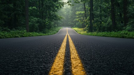 Empty Road Through Misty Forest with Yellow Lines