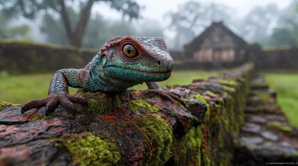 Lizard on Mossy Brick Wall in Rainy Jungle