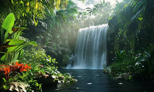 Vibrant Jungle Waterfall Surrounded by Lush Greenery and Tranquil Atmosphere