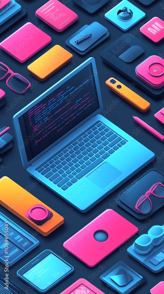 Poster An isometric illustration of a laptop computer with code displayed on the screen surrounded by various tech gadgets.