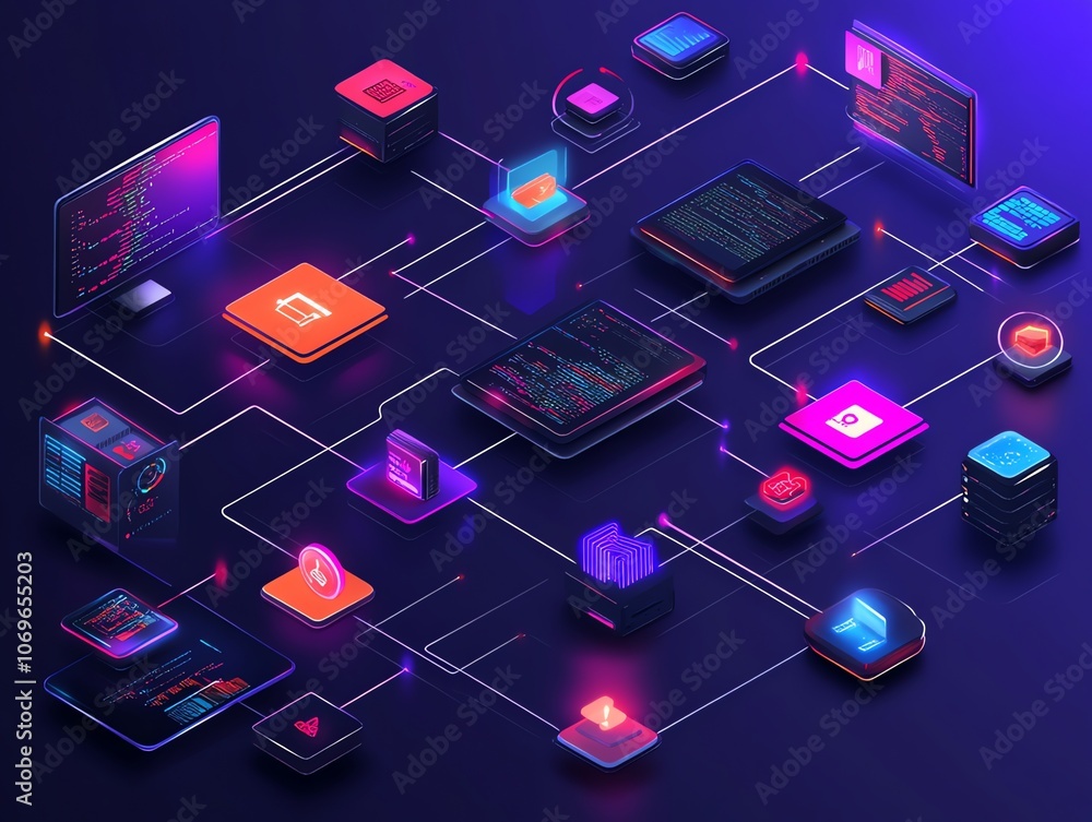 Aufkleber An isometric illustration of a network of connected devices and servers, representing a digital ecosystem.