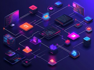 An isometric illustration of a network of connected devices and servers, representing a digital ecosystem.