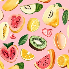 Watercolor Seamless Pattern with Fresh Fruit on Pink Background