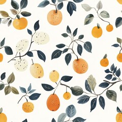 Watercolor Seamless Pattern with Oranges  Leaves  and White Fruits