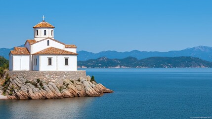 White Church on Rocky Outcrop  Aegean Sea  Greece
