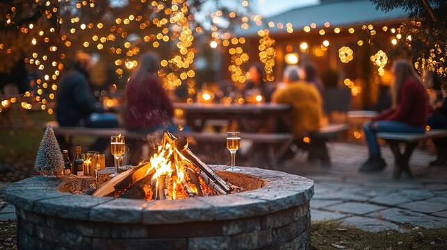 backyard Christmas party with twinkling lights, holiday music, and friends gathered around a fire pit, sharing festive drinks and laughter.