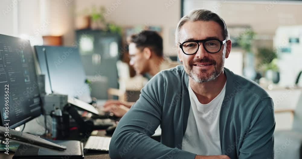 Aufkleber Business man, face and computer screen for coding, programming and software development with ux design. Programmer, tech and mature person in office for project management, research and cybersecurity