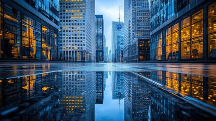 Fototapeta premium Cityscape Reflection in Puddle Modern Architecture Urban Landscape Wet Pavement