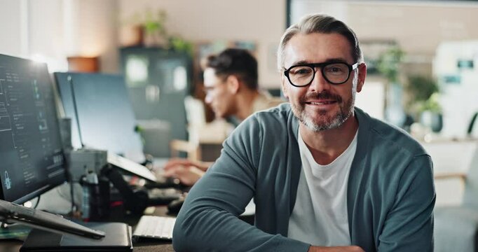 Business man, face and computer screen for coding, programming and software development with ux design. Programmer, tech and mature person in office for project management, research and cybersecurity