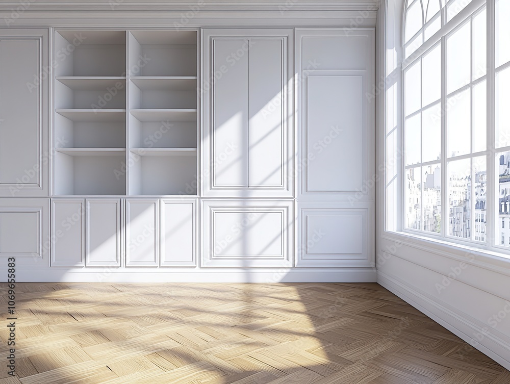 Aufkleber sunlight streams through a large window in a white minimalist room with a built-in bookshelf and woo