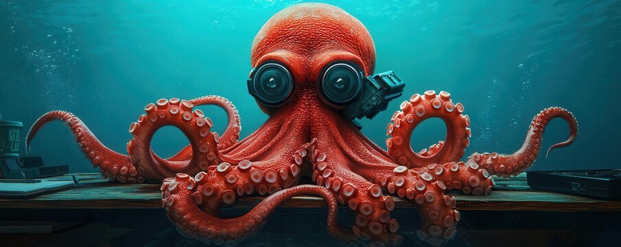 Octopus spy character with a variety of gadgets in its tentacles, hiding under a table in an underwater setting, eavesdropping on a conversation, 3D illustration