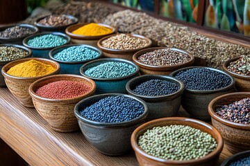 Fototapeta premium Assortment of colorful spices in small bowls on a wooden table.