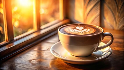 Obraz premium A cup of latte art illuminated by the golden rays of the morning sun, resting on a wooden table beside a window