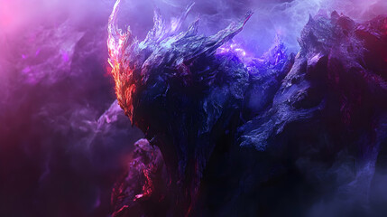 Abstract 3D Rock Formation with Glowing Purple and Red