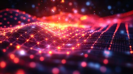 Obraz premium This red polygon tech network features a 3D rendering of abstract dots and lines, connecting through a digital background, symbolizing technological advancements in modern-day communication networks.