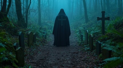 Mysterious Figure in Foggy Cemetery Path  Graveyard  Tombstones  Cross   Dark  Eerie   Hor