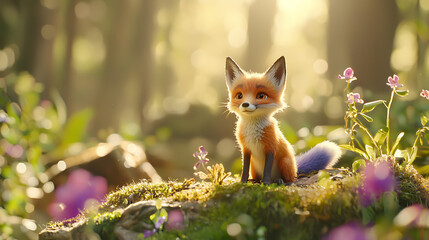 small fox with expressive eyes sits among vibrant flowers in serene forest. warm sunlight filters through trees, creating magical atmosphere