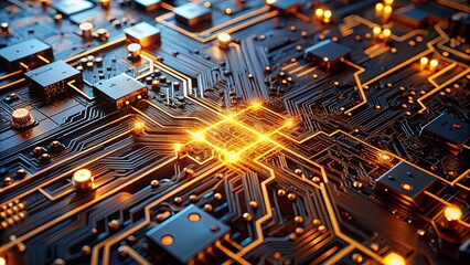 A microcosm of digital pathways, illuminated by vibrant pulses of energy, signifying the intricate interconnectedness of modern technology.