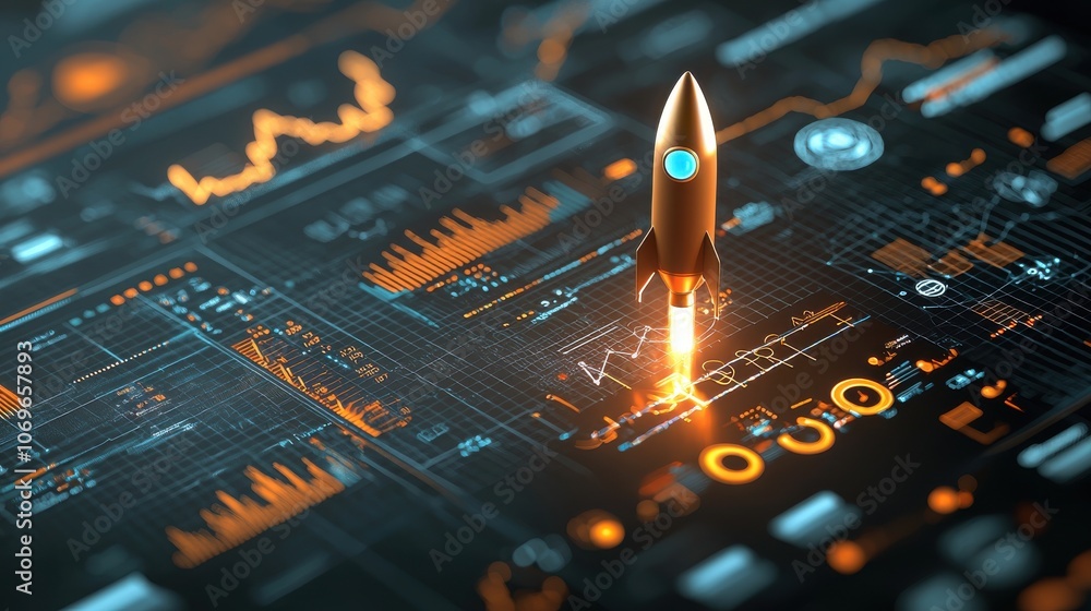 Poster launch your financial growth how a rocket symbolizes success in business analytics and performance m