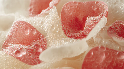 Delicate flower petals with dewdrops create serene and refreshing atmosphere. close up reveals intricate textures and soft colors, enhancing beauty of nature