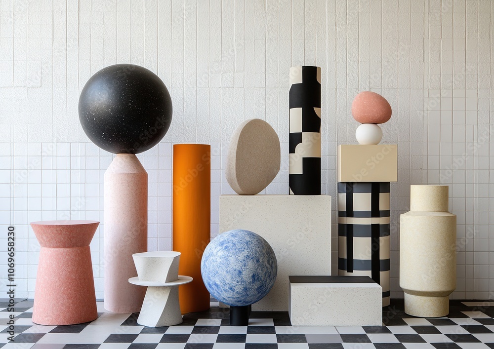 Poster abstract still life with geometric shapes and textured objects in a minimalist white tiled room.
