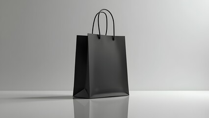 A single black paper shopping bag standing upright on a reflective white surface. minimalist design and dark color
