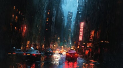 Fototapeta premium A rainy urban street scene at night, illuminated by neon lights and reflections in puddles.