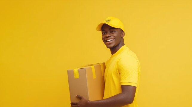 Cheerful delivery person grins while carrying large package - Powered by Adobe