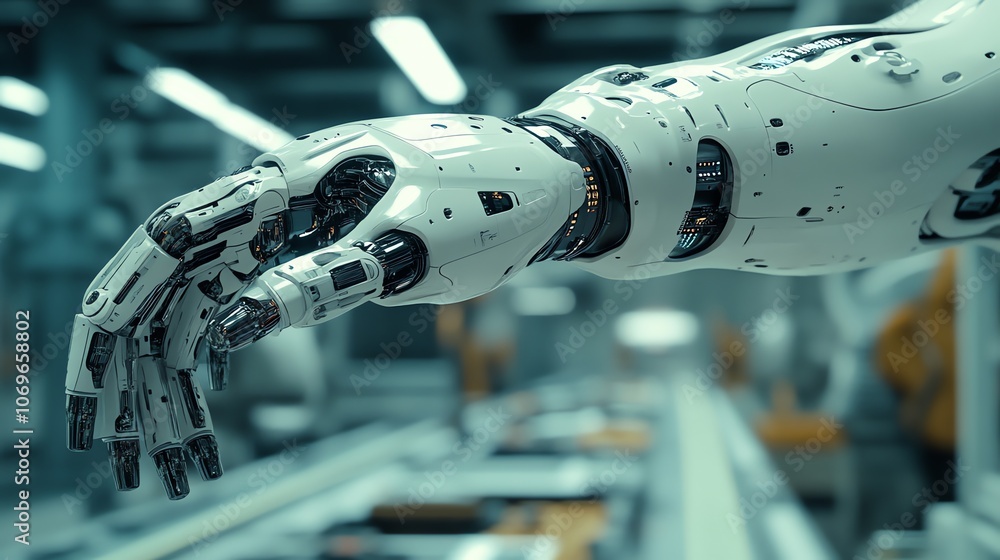 Poster close up of a robotic arm in a factory setting, reaching out with its hand.