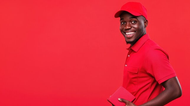 Joyful delivery person smiling while holding package