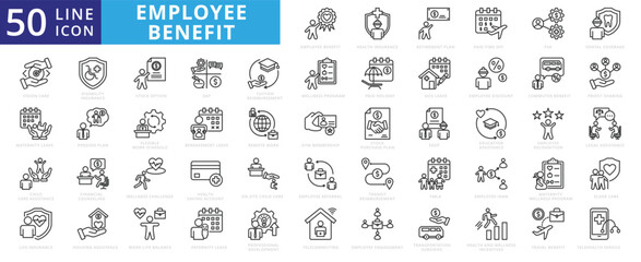 Employee benefit icon set with health insurance, retirement plan, paid time off, fsa, dental coverage, vision care, eap, health saving account, and flexible work