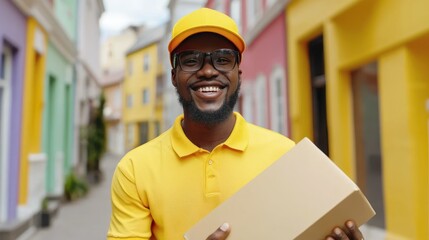 Joyful courier delivers package in colorful residential area