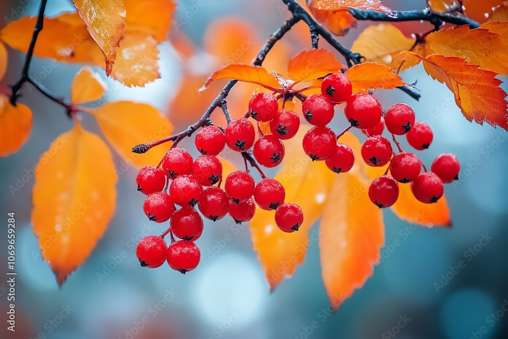 Poster close-up of a cluster of red berries on a branch with yellow leaves in the background.