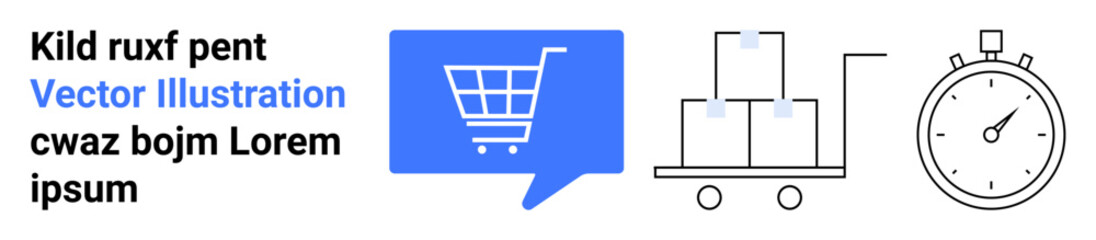 E-commerce shopping cart icon, trolley with boxes, stopwatch. Ideal for online shopping, delivery services, logistics, time management, e-commerce, inventory, supply chain. Landing page