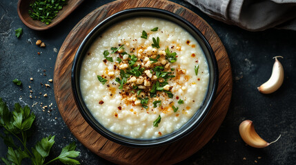 Creamy congee topped with nuts, herbs, and spices served in a black bowl