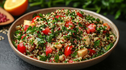 Fresh quinoa salad with tomatoes, herbs, and chopped vegetables served in a ceramic bowl