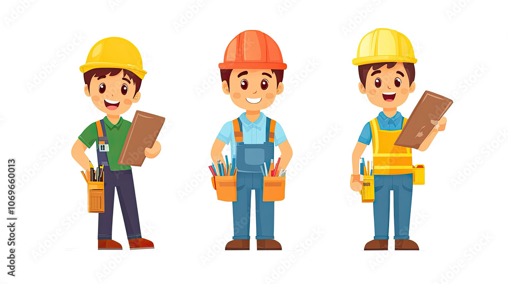 Poster young construction workers with tools on a transparent background generative ai