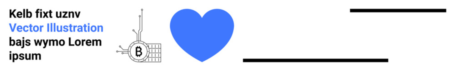 Blue heart adjacent to Bitcoin symbol and text elements. Ideal for financial, technology, cryptocurrency, modern design, digital marketing, advertising, and love-themed landing pages
