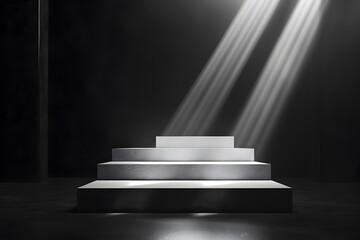 Illuminated podium under dramatic stage lights, casting shadows for an award ceremony atmosphere.