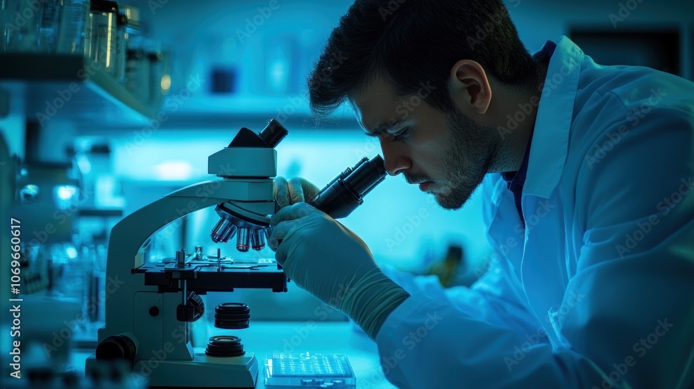 Poster a scientist examines a sample under a microscope in a laboratory setting.